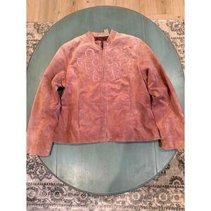 RuffHewn Women XL Pink Suede Leather Jacket Embroidered Zip Front Mock Neck Boho